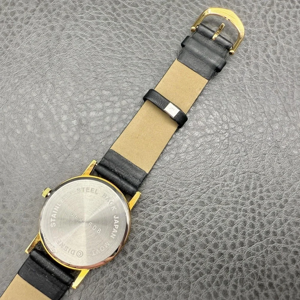 Vintage Disney Services Watch Gold Tone Leather Band 2000 Y2K NEW BATTERY WORKS‎
